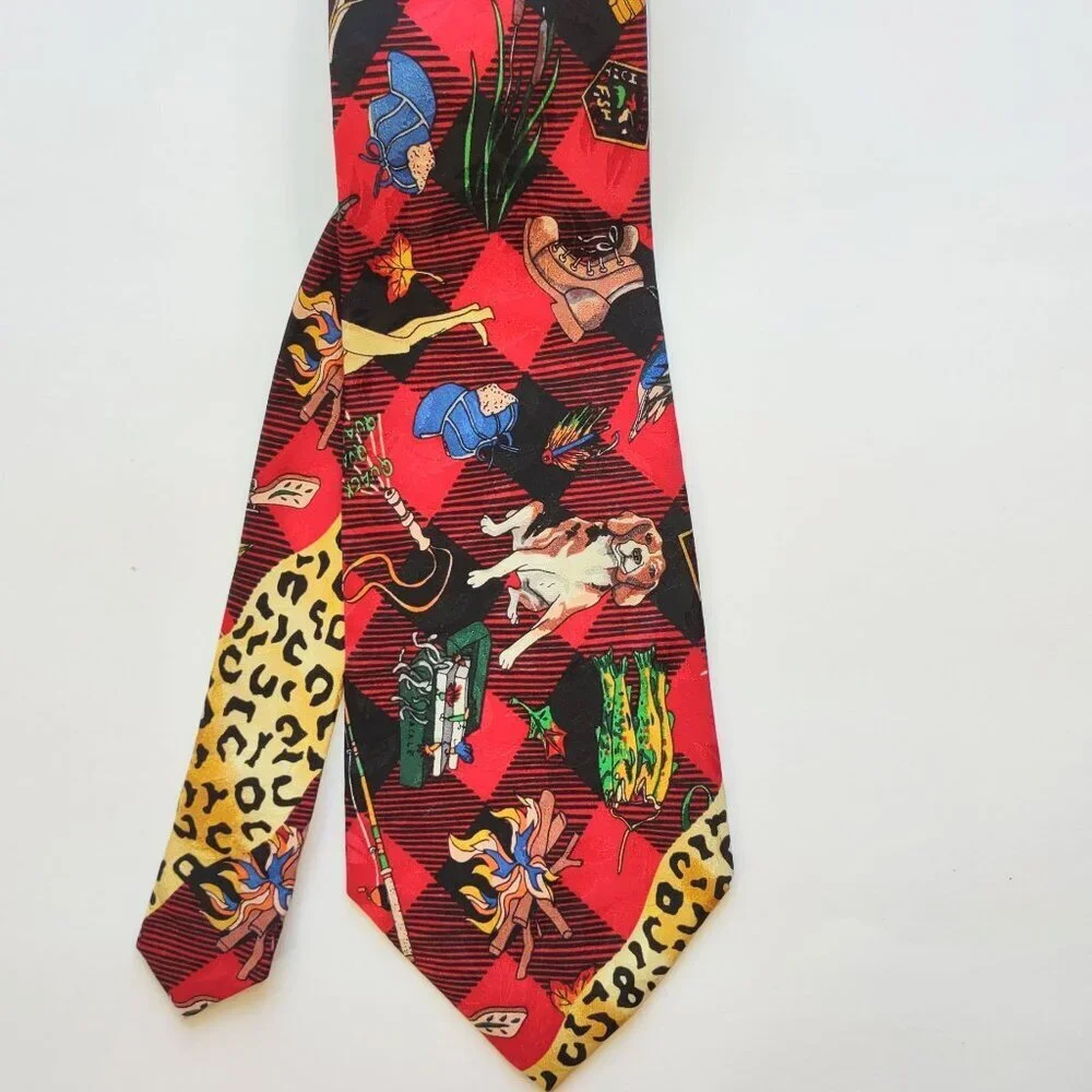 Vintage Nicole Miller Silk Neck Tie Hunting Camping Fishing Beagle Dog